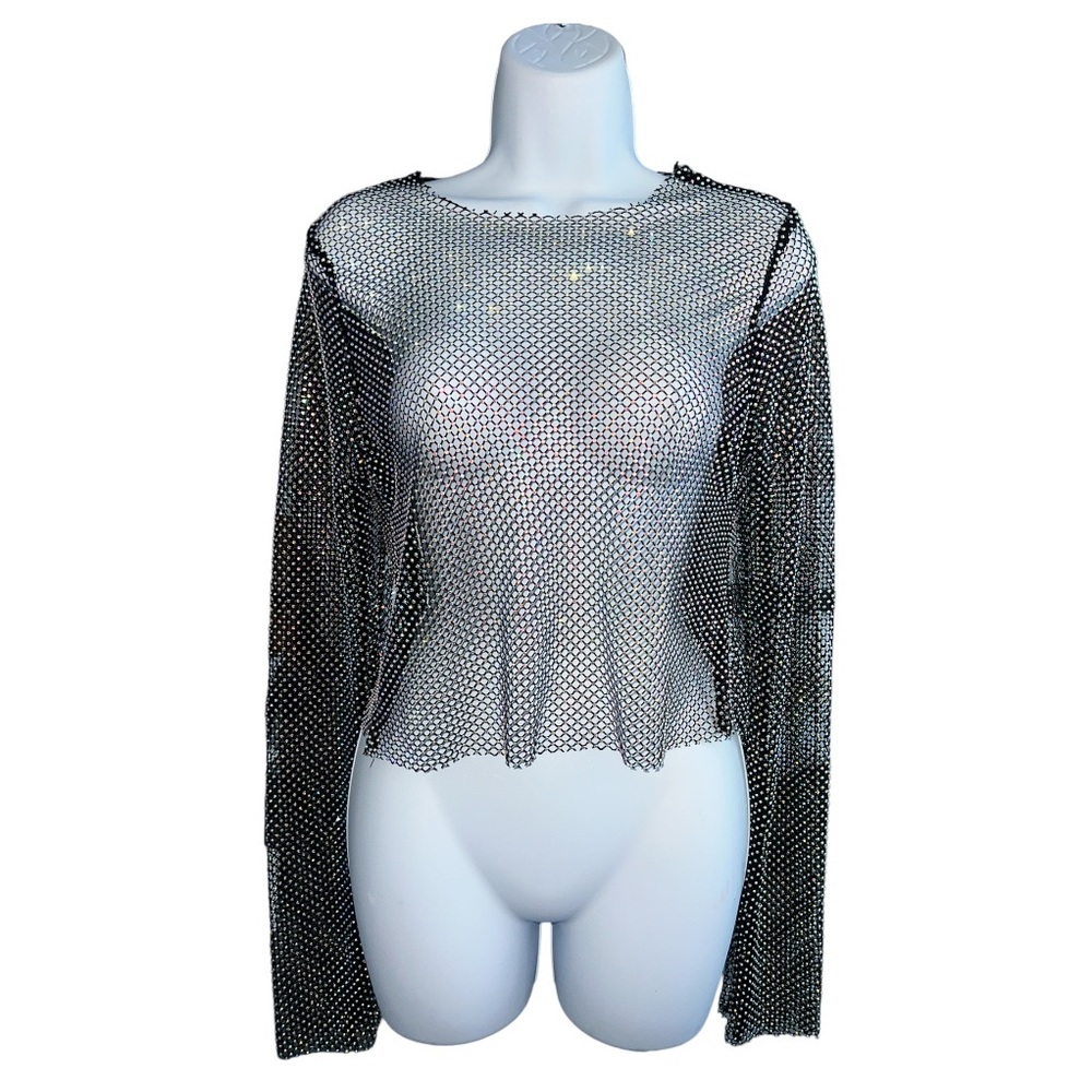 ZARA Shimmer Mesh Crop Top Color Black Size L.
